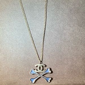 Auth Chanel Gunmetal/Navy Crossbones Necklace